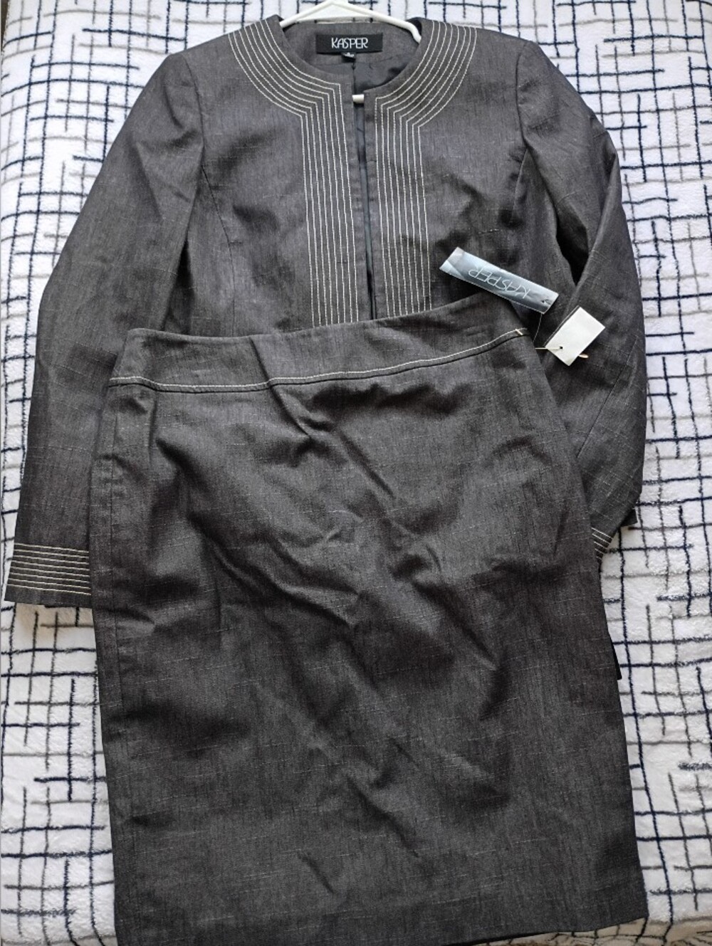 Kasper Size 8 Charcoal Two-Piece Skirt Suit with Contrast Stitching